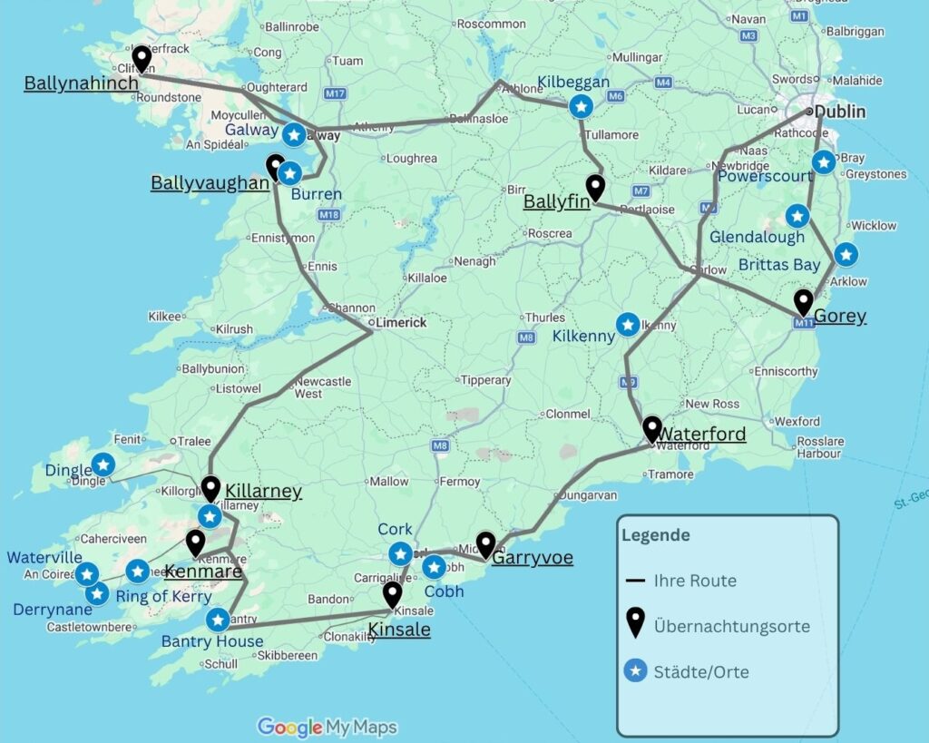Karte: Exklusive Irland Autorundreise – Schlösser, Gärten & spektakuläre Küsten