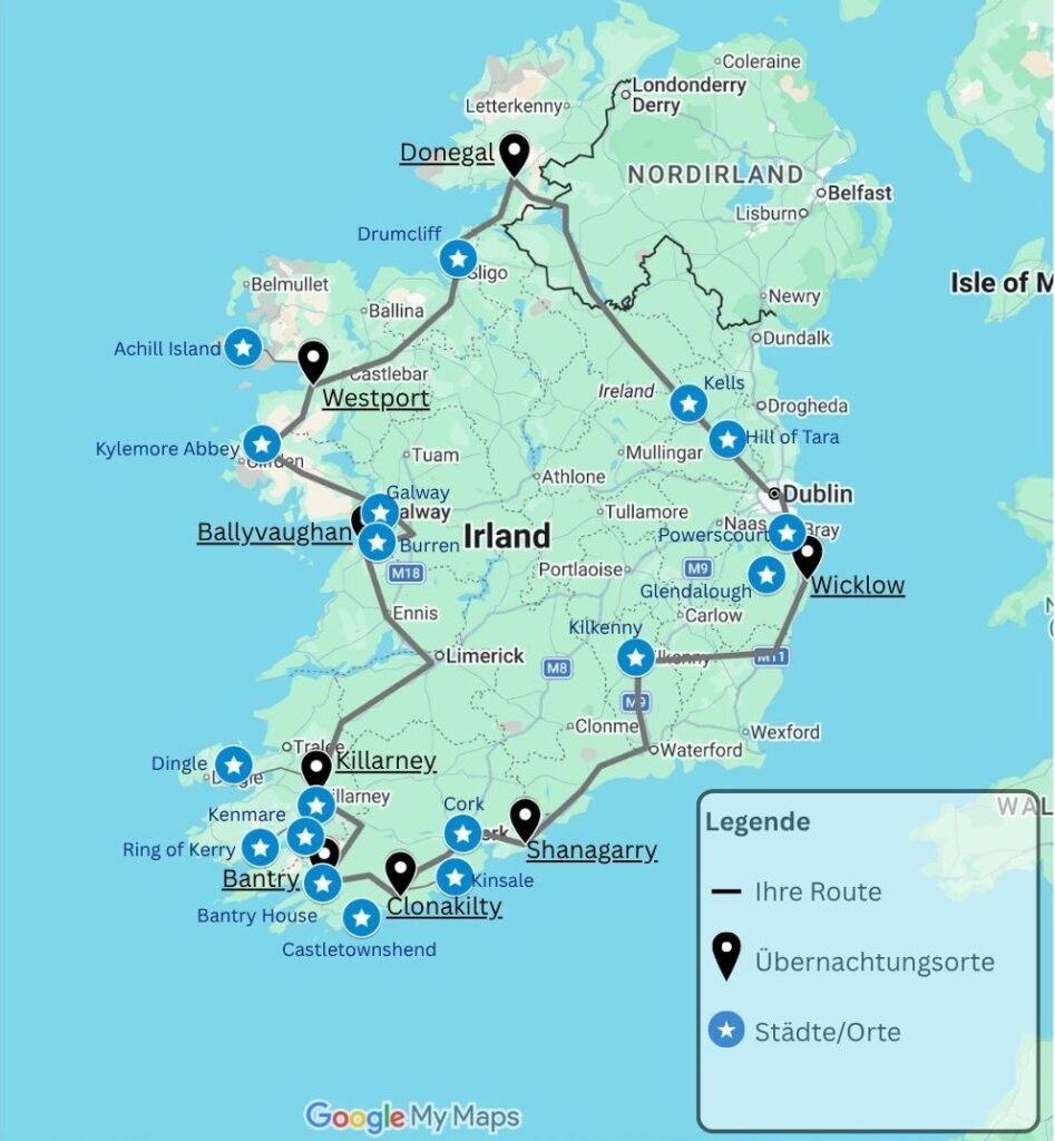 Karte: Irland Autorundreise – Wild Atlantic Way & Highlights